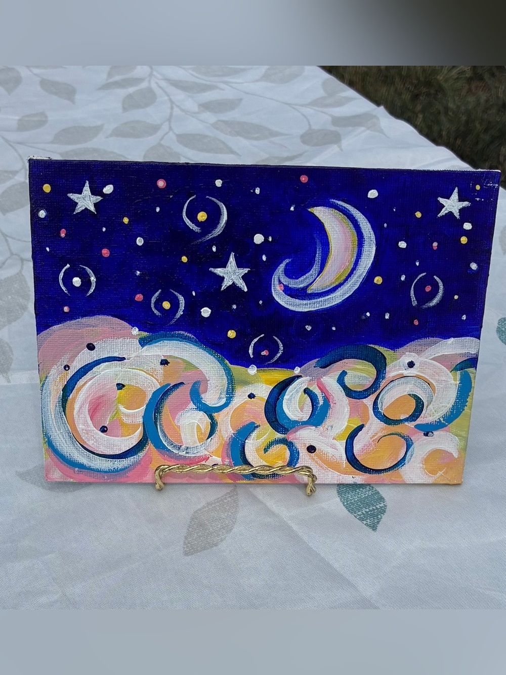 Hand-Painted Abstract Night Sky Canvas Art in Blue and Pink